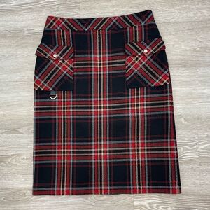 Korean Brand Wool Red an Black Plaid Slim Fit Pencil Skirt Two Patch Pockets M